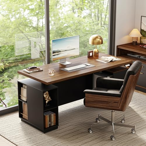 ModernMate 71" Standing Executive Desk with Privacy Panel, Large One-Piece Electric Height Adjustable Stand Up Desk with Charging Station, File Cabinet Storage, Home and Office, Black Walnut ModernMate