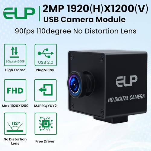 ELP Global Shutter USB Wide Angle Webcam for Computer 1080P 90fps Lightburn Camera for Laser Engraver USB2.0 PC High Frame Security Camera for Raspberry Pi (110 Low Distortion Lens) ELP