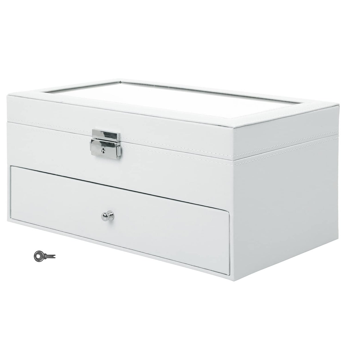 MyGift Deluxe White Wood Sunglasses Organizer, Eyewear Display Box, 2 Layer Storage Case with Glass Lid and Leatherette Trim, Holds up to 12 Pairs of Glasses MyGift