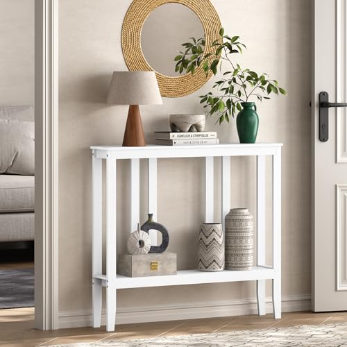 ELYKEN Bamboo Console Tables for Entryway, 36.2" Long 2 Tier Hallway Table Behind Couch, 7” Narrow Sofa Table for Entrance, Entry, Living Room, White ELYKEN