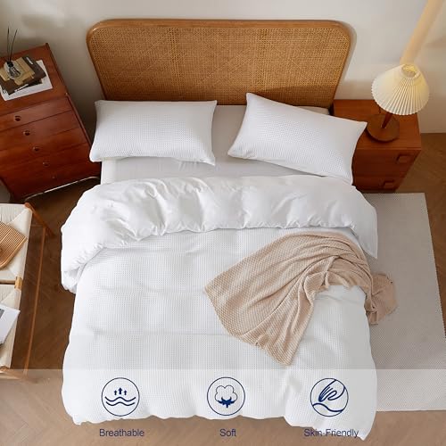 100% Egyptian Cotton Duvet Cover Set Queen Size, Waffle Weave Duvet Cover, 600 TC Soft Breathable Luxury Textured Bedding Set for All Season, 3 PCS, 1 Duvet Cover and 2 Pillowcases, White, 90"x90" Zaizaihome