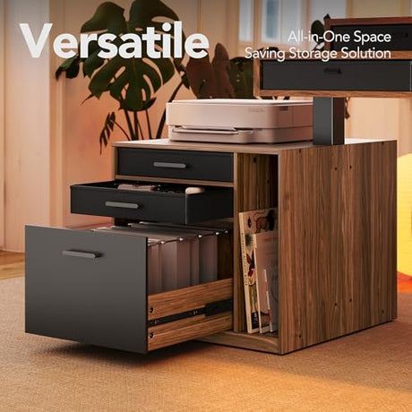 HUANUO Electric L Shaped Standing Desk with 6 Storage Drawers & File Cabinet, 2-Tier Corner Sit Stand Desk with Cable Management Tray, 65.5" × 57.6" Height Adjustable Computer Gaming Table, Walnut HUANUO