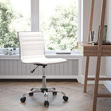 Flash Furniture Alan Low-Back Ribbed Upholstered Vinyl Swivel Desk Chair with Padded Seat, Modern Adjustable Height Padded Office Chair, White Flash Furniture