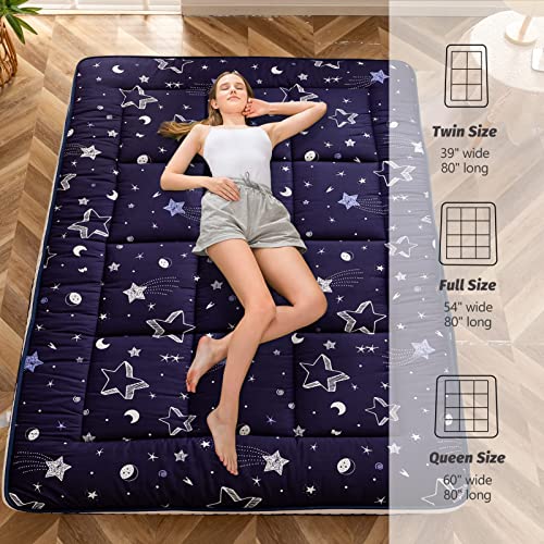 MAXYOYO Futon Mattress, Navy Star Japanese Floor Mattress Portable Quilted Bed Mattress, Extra Thick Folding Sleeping Pad Breathable Floor Lounger Guest Bed for Camping Couch, Full MAXYOYO
