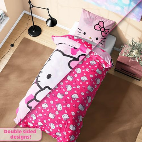 Hello Kitty Sanrio Duvet Cover and Pillowcase Set for Girls, Teens, Reversible Bedding 53 x 79” Bedroom Decor, Kawaii Gifts for Girls (Pink Hello Kitty, Single) Hello Kitty