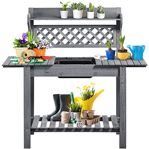 Yaheetech Potting Bench Table Outdoor Garden Potting Table Wooden Workstation w/Sliding Tabletop Removable Sink w/Storage Shelf Flower Pot Bench Mobile Garden Potting Bench Gray Yaheetech