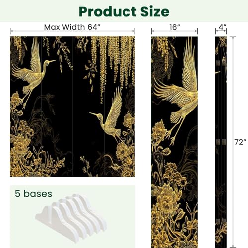 4 Panels Folding Screen Room Divider Cran Bird Wisteria Seamless Japanese Chinese Gold Black Traditional Canvas Screen Room Separator Freestanding Protective Decorative Divider Privacy Partition VETEB