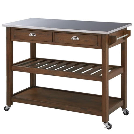 BOWERY HILL Modern Wood/Stainless Steel Kitchen Cart in Chestnut Wire-Brush BOWERY HILL