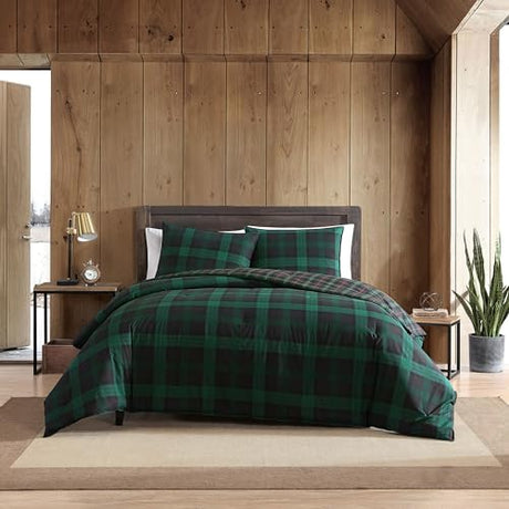 Eddie Bauer - Twin Comforter Set, Reversible Cotton Bedding with Matching Sham, Medium-Weight for Year Round Use, Dorm Essentials (Woodland Tartan Green) Eddie Bauer
