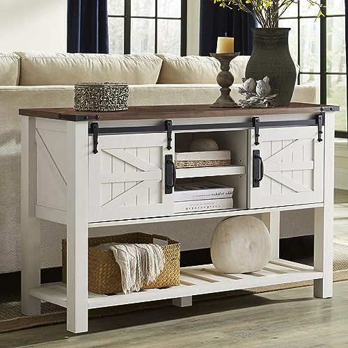 OKD Entryway Table with Sliding Barn Doors, 46" Farmhouse Console Table with Storage Shelf, Rustic Sofa Table Behind Couch for Hallway, Entry Way, Living Room, Foyer, Antique White - WoodArtSupply