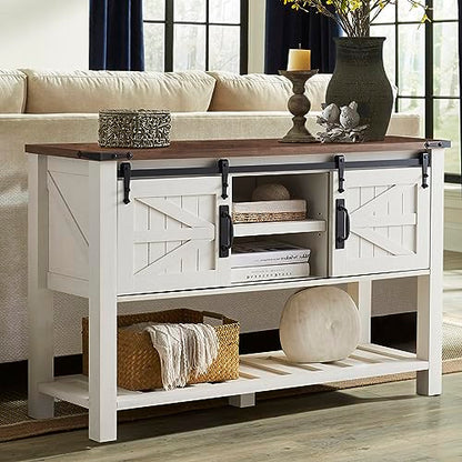 OKD Entryway Table with Sliding Barn Doors, 46" Farmhouse Console Table with Storage Shelf, Rustic Sofa Table Behind Couch for Hallway, Entry Way, Living Room, Foyer, Antique White - WoodArtSupply