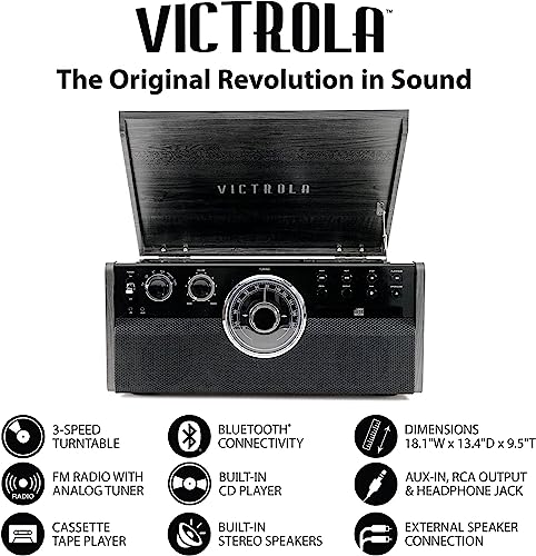 Victrola Empire Mid-Century 6-in-1 Turntable with 3 Speed Record Player, Bluetooth Connectivity, Radio, Cassette and CD Player (Espresso) - WoodArtSupply