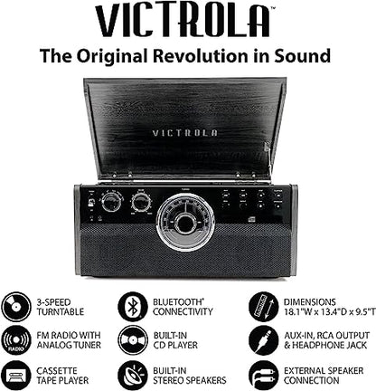 Victrola Empire Mid-Century 6-in-1 Turntable with 3 Speed Record Player, Bluetooth Connectivity, Radio, Cassette and CD Player (Espresso) - WoodArtSupply