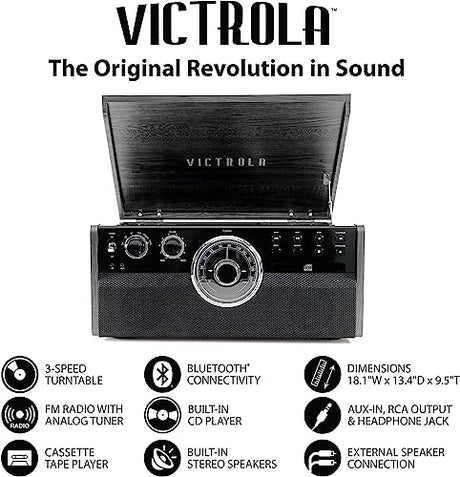 Victrola Empire Mid-Century 6-in-1 Turntable with 3 Speed Record Player, Bluetooth Connectivity, Radio, Cassette and CD Player (Espresso) Victrola