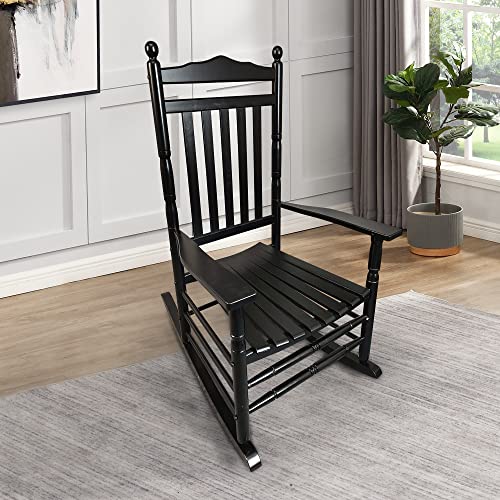 Balcony Porch Adult Rocking Chair, Wood Outdoor Indoor Porch Rocker Chair for Adult, All Weather- Resistant Patio Rocking Chair for Garden, Lawn, Balcony, Backyard, Black