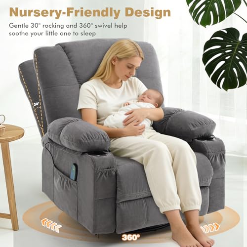 Overstuffed Fabric Swivel Rocker Recliner with Massage and Heat,360° Recliner Chair Rocking Glider Chair with Cup Holder for Adult,Grey