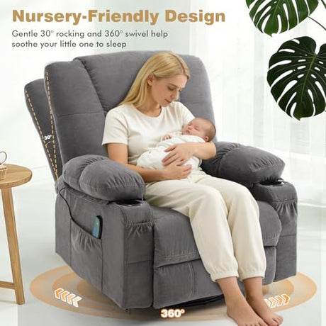 Overstuffed Fabric Swivel Rocker Recliner with Massage and Heat,360° Recliner Chair Rocking Glider Chair with Cup Holder for Adult,Grey Comermax