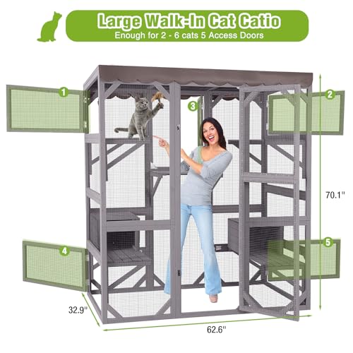 GUTINNEEN Catio Outdoor Cat Enclosure 70" Large Wooden Cat House Walk-in Cat Cage Kitty Shlter Playpen with 7 Platforms, 2 Resting Boxes, Waterproof Cover for 2-6 Cats (Grey) GUTINNEEN