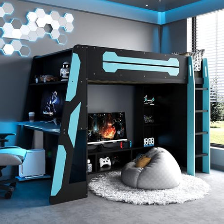 Merax Twin Size Gaming Loft Bed with Desk and Multi-Storage Shelves, Wooden Loft Bed Frmae with Light, Space-Saving Bed with Safety Guardrail Merax