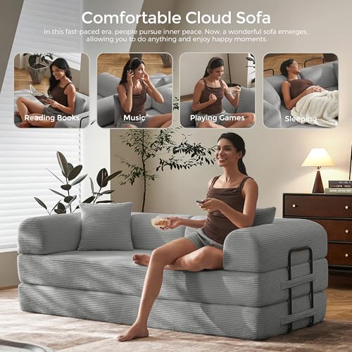 SAVENICA 79" Convertible Floor Sofa Bed, 5-in-1 Modular Sleeper with Removable Parts, No Assembly Corduroy Futon from Sofa to Oversized Bed, Non-Slip Base for Living Room, Dorm (Light Gray) SAVENICA