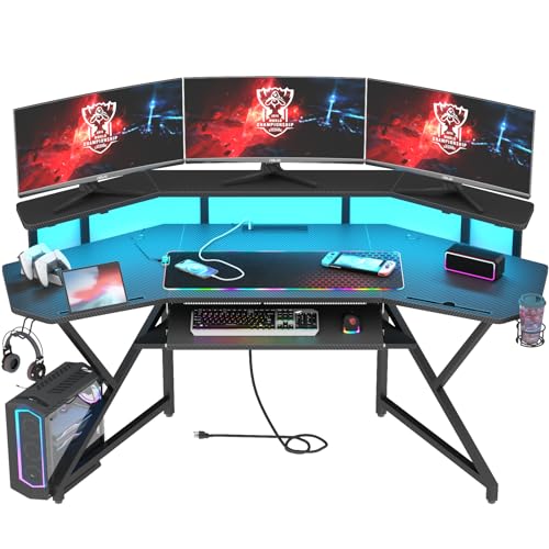 Auromie 72" Gaming Desk with Power Outlet & Led Strip, Large Wing-Shaped Computer Desk w Monitor Stand & Keyboard Tray & RGB Mouse Pad, Studio Desk w Storage Shelf Headphone Hook Cup Holder - WoodArtSupply