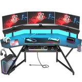 Auromie 72" Gaming Desk with Power Outlet & Led Strip, Large Wing-Shaped Computer Desk w Monitor Stand & Keyboard Tray & RGB Mouse Pad, Studio Desk w Storage Shelf Headphone Hook Cup Holder Auromie