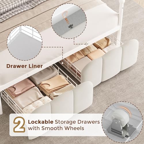 Full Velvet Upholstered LED Canopy Bed Frame with 2 Storage Drawers and Charging Station, Crown Headboard with Bookshelf, Two-Use Princess Platform Bed with 4 Removable Posts,Metal Slats Support-Beige