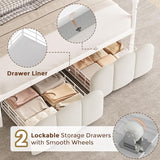 Full Velvet Upholstered LED Canopy Bed Frame with 2 Storage Drawers and Charging Station, Crown Headboard with Bookshelf, Two-Use Princess Platform Bed with 4 Removable Posts,Metal Slats Support-Beige
