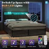 AMERLIFE Queen Size Lift Up Bed Frame with Linen Upholstered & LED Light & Storage Headboard, Platform Bed Frame with Charging Station, No Box Spring Needed, Noisy Free, Rustic Grey AMERLIFE