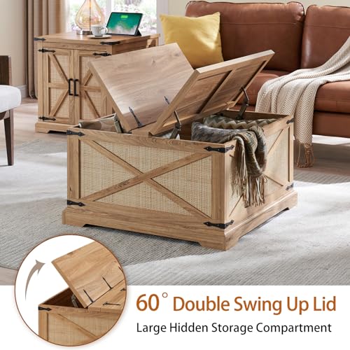 Barnyatoh Farmhouse Square Coffee Table with Storage, Boho Rattan Wood Center Table with Hinged Lift Top, Rustic Cocktail Table with Large Hidden Storage Compartment for Living Room, Bedroom Barnyatoh