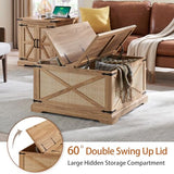 Barnyatoh Farmhouse Square Coffee Table with Storage, Boho Rattan Wood Center Table with Hinged Lift Top, Rustic Cocktail Table with Large Hidden Storage Compartment for Living Room, Bedroom Barnyatoh