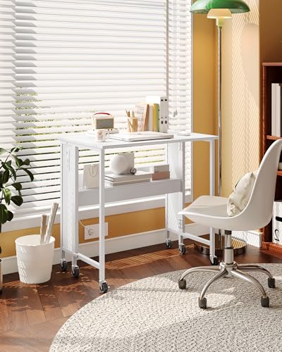 CHOEZON 31.5" Modern White Folding Computer Desk with Power Outlets, Wheels, Storage, Perfect for Small Spaces White TDN01UWB CHOEZON