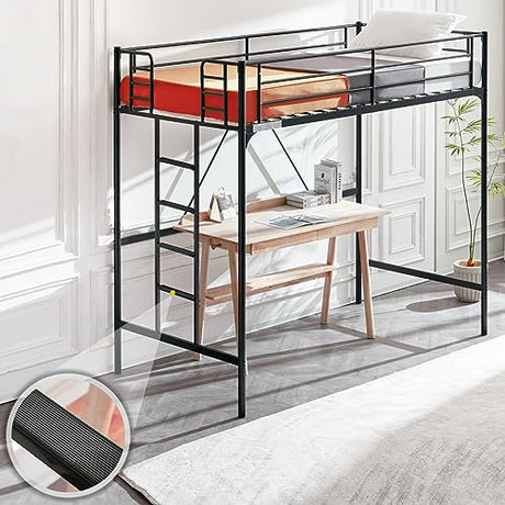 Bonnlo Metal Loft Bed with Stairs and Flat Rung, Junior Loft Bed Twin Size High Loft Bed for Kids/Teens/Adults, No Box Spring Required, Black Bonnlo