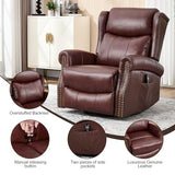 Genuine Leather Recliner Chair for Adults, Manual Swivel Rocker Glider Rocking Chair with Vibration Massage Lumbar Heat for Nursery, Rivet Design Single Sofa Chair for Living Room - Burgundy Red