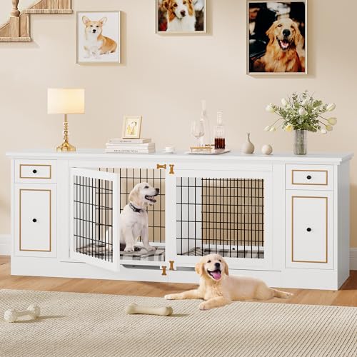 YITAHOME Double Dog Kennel Furniture with Tray, 79" Dog Crate Table with Storage for 2 Small/Medium Dogs, Indoor Wooden Dog House TV Stand, White - WoodArtSupply