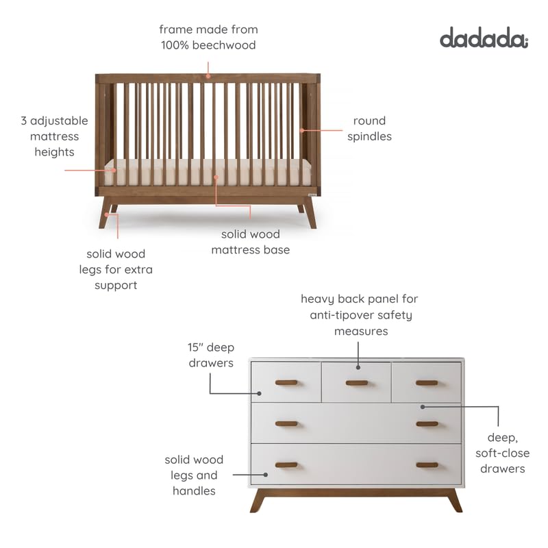 dadada Soho Baby Nursery Furniture Set. Baby Crib and Dresser Set Combo. Soho 3-in-1 Convertible Crib and Matching 5 Drawer Dresser. Walnut Beechwood dadada