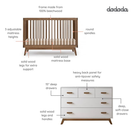 dadada Soho Baby Nursery Furniture Set. Baby Crib and Dresser Set Combo. Soho 3-in-1 Convertible Crib and Matching 5 Drawer Dresser. Walnut Beechwood dadada