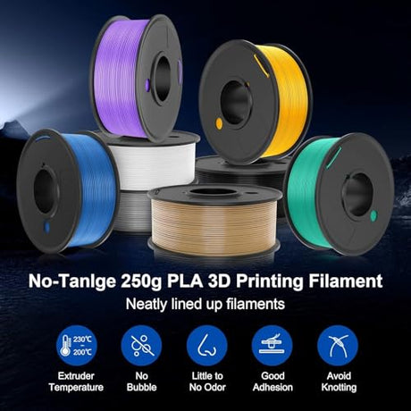 SUNLU PLA Filament 1.75mm Bundle, 3D Printer Filament Bundle 250g, 8 Rolls, 2kg Total, Black+White+Grey+Transparent+Red+Klein Blue+Sunny Orange+Green SUNLU