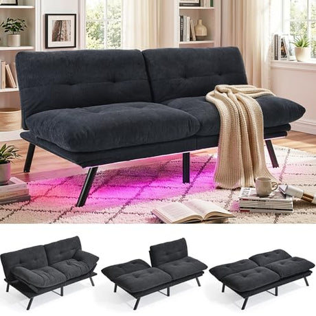 YITAHOME Convertible Futon Sofa Bed with Adjustable 3 Color Light Strip, 70" Folding Futon Set for Living Room Home Office Aprtment, Modern Futon Couch with Adjustable Backrest & Armrests, Black YITAHOME