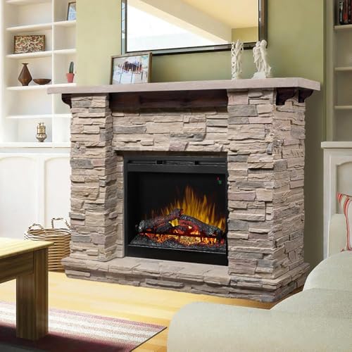 Dimplex Featherston Electric Fireplace with Mantel Surround Package | Pine with Gray Stone-Look, Includes 28" Electric Firebox Heater | 1500W | LED Flames | Remote Control | #GDS28L8-1152LR DIMPLEX
