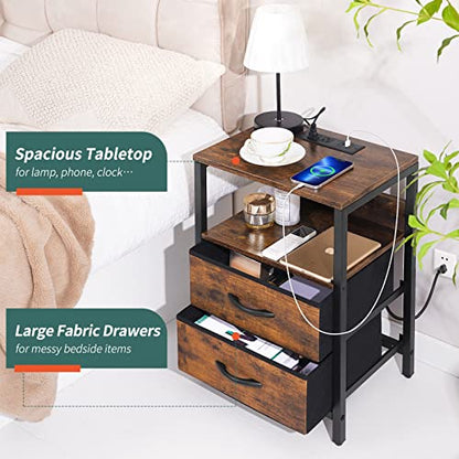 Yoobure Nightstand with Charging Station, Small Night Stand with Fabric Drawers and Storage Shelf for Bedrooms, Small Spaces, Bedside Table with USB Ports & Outlets - WoodArtSupply