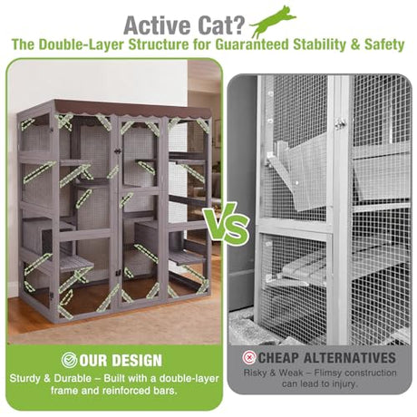 GUTINNEEN Catio Outdoor Cat Enclosure 70" Large Wooden Cat House Walk-in Cat Cage Kitty Shlter Playpen with 7 Platforms, 2 Resting Boxes, Waterproof Cover for 2-6 Cats (Grey) GUTINNEEN