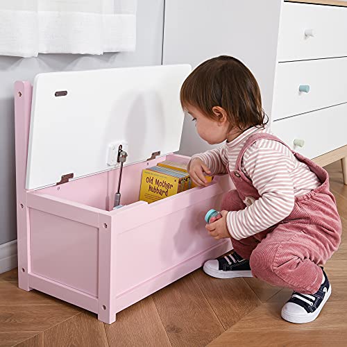 Qaba 2-in-1 Kids Wooden Toy Organizer Chest Storage Box with Seat Bench Cabinet Chunk Cube with Safety Pneumatic Rod Pink - WoodArtSupply