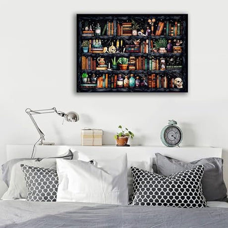 Bookshelf Stamped Cross Stitch Kits - Magical Book Counted Cross Stitch Kits for Beginners Adults Skull Needlepoint Cross-Stitch Patterns Dimensions Needlecrafts Embroidery Kits Arts and Crafts WUSARPLY