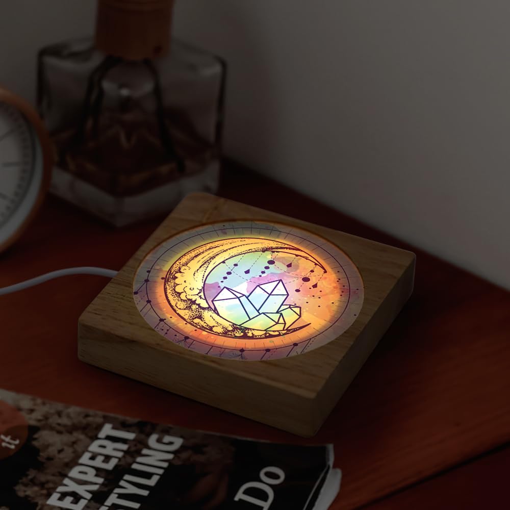 PYD Life 6 Pack Sublimation Night Lights Blanks LED Glass Photo Frames Panels White 3.5" Round with Warm Light,with 3.9" Square Wooden Display Base for Heat Press Machine Printing