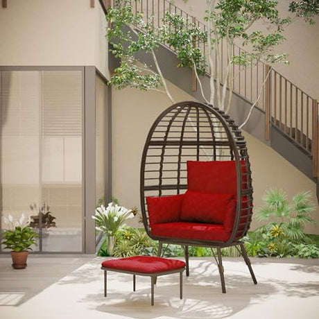 Gardenbee Wicker Egg Chair with Cushion, Indoor Outdoor Lounger for Patios, Living Room, PE Rattan Chair Steel Frame, Strong Load Capacity, Red Cushion Gardenbee