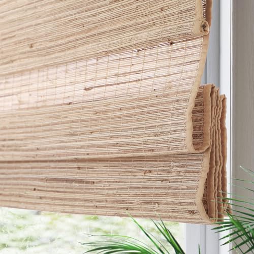 Yin Yang Cordless Blackout Bamboo Roman Shades, Natural Woven Wood Bamboo Shades with Border, Custom Indoor Privacy Lined Bamboo Roman Blinds for Windows, Doors, High Ladder - WoodArtSupply