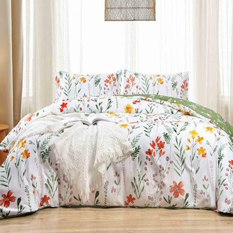 Nanko Floral Duvet Cover King Size, 3 Pieces Green Leaves Yellow Flowers Botanical Pattern Comforter Cover Set, Soft & Lightweight Microfiber Reversible Quilt Cover for Women 104x90 Inches, White Nanko