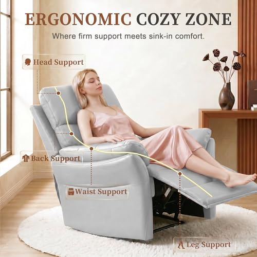 AIRSKY Genuine Leather Recliner Chair, Top Grain Leather, Italian Water-Washing Process, Living Room Chair with Lumbar Support,for Theater Seating, Bedroom, Grey,R1