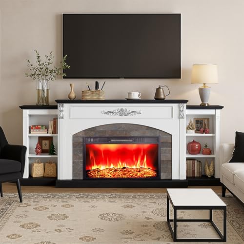 BLANKSPACE 80" Electric Fireplace TV Stand with 30" Heater Insert, Farmhouse Entertainment Center & Mantel Console for TVs Up to 90", White Black Finish with Remote BLANKSPACE